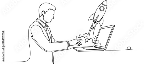 Continuous one line of an entrepreneur launching rocket startup symbol from laptop, representing innovation, new ventures, and business acceleration, style hand drawing vector illustration.