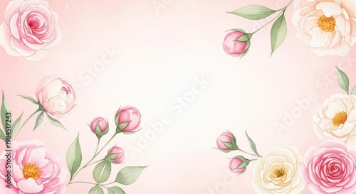 Elegant watercolor floral background, soft pink rose and peony frame, romantic botanical border for wedding invitations and greeting cards