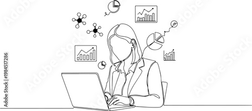 Continuous one line of a businesswoman working on laptop with floating data icons, representing digital business, productivity, and remote work, style hand drawing vector illustration.