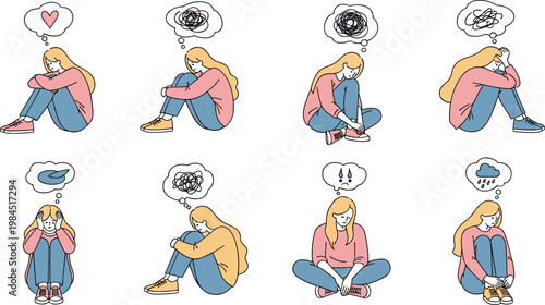 Depressed sad girl emotions set with anxiety stress loneliness mental health thoughts sitting poses vector illustration collection modern design