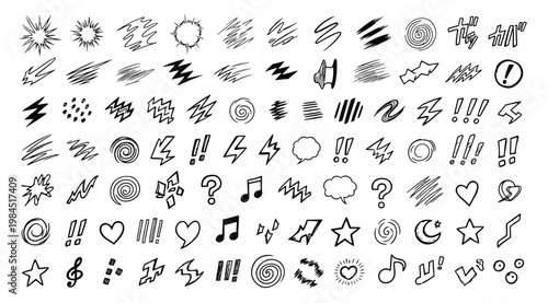 Set of hand drawn comic book sound effects and symbols