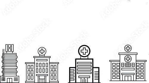 Hospital building icons set healthcare facilities outline medical centers vector illustration clinic architecture collection design