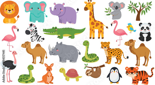 Cute safari and zoo animals cartoon set including lion elephant giraffe zebra crocodile panda flamingo and more vector illustration collection