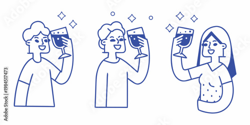 Friends cheerfully toasting with wine glasses in a simple line art style