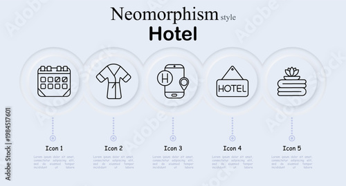 Hotel set icon. Neomorphism style interface with calendar booking schedule, bathrobe garment, smartwatch location hotel marker, hotel sign board, spa stones with flower. Soft round buttons