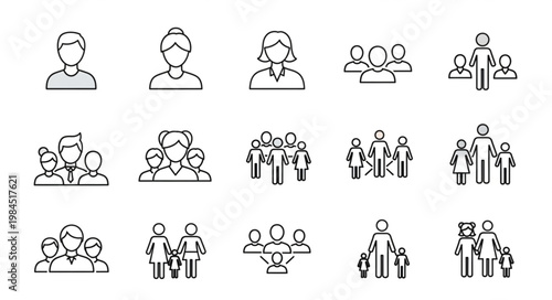 Collection of Diverse People Icons Representing Family and Groups.