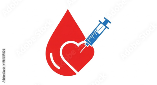Medical syringe injecting fluid into a red heart symbol inside a blood drop.