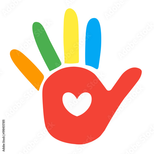 colorful autistic puzzle hand with a small white heart in the middle