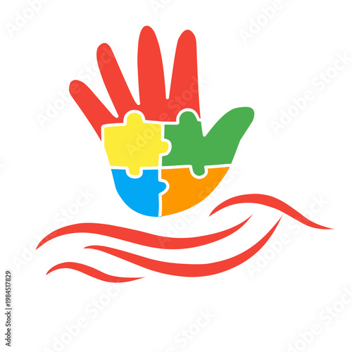 colorful autistic puzzle hand with red wave lines