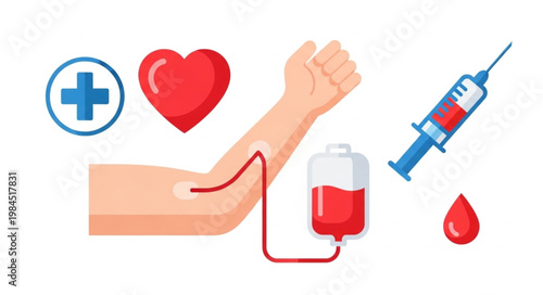 Blood donation procedure with medical symbols and equipment.