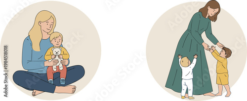 Cartoon vector illustration of adults caring for children showing bonding nurturing and playful early childhood design