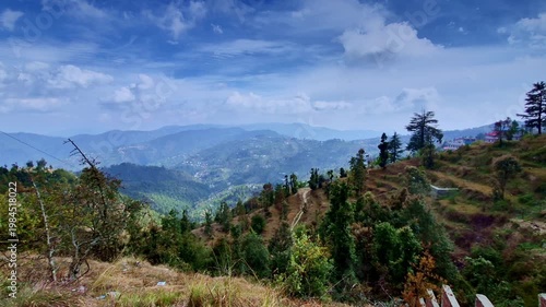 A breathtaking panoramic frame of Nainital�s rolling green hills and terraced slopes unfolds beneath a dramatic blue sky streaked with soft clouds, serene grandeur of Uttarakhand�s mountains.