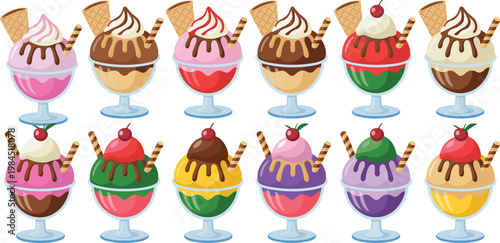 Delicious Ice Cream Sundae Vector Set Featuring Various Flavors Topped With Chocolate Syrup Wafers And Cherries For Dessert Menu Design