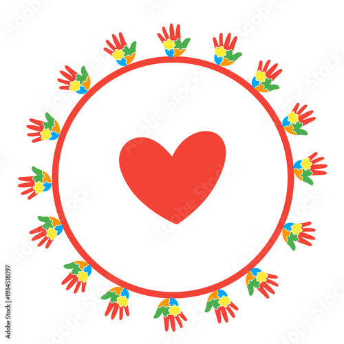 autistic puzzle hand with circle frame with red heart inside