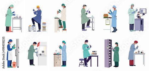 Set of laboratory scientists in protective gear conducting diverse experiments on mice with scientific equipment, isolated flat vector illustrations on white background.