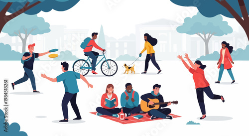Diverse people enjoying outdoor activities in a sunny park, illustration
