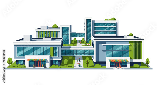 Modern Corporate Campus with Green Spaces and Glass Facades