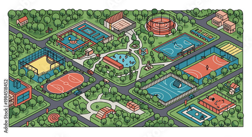 Isometric Sports Complex Map: Diverse Athletic Facilities, Recreation, Community Hub