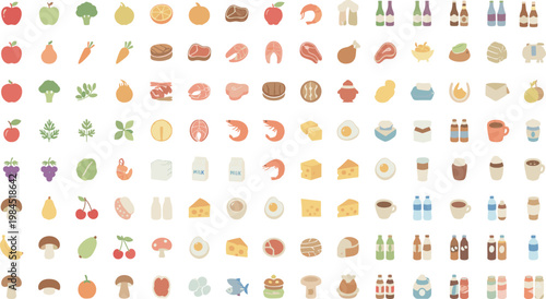 Cartoon vector illustration of food and drink icons showing fruits vegetables meat dairy baked goods beverage design