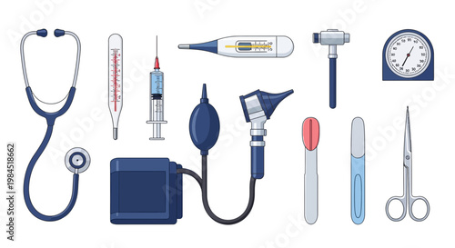 Medical Diagnostic Tools Collection: Stethoscope, Syringe, Thermometer, Blood Pressure Monitor, Otoscope, Reflex Hammer