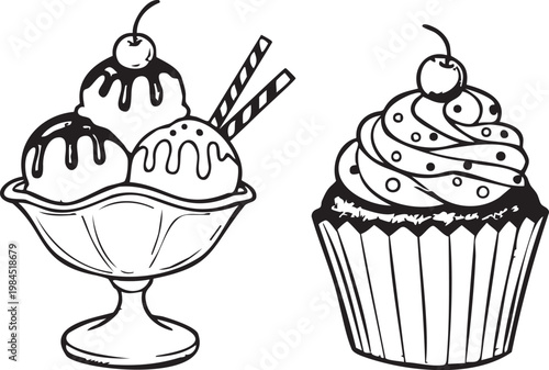 Hand Drawn Sweet Dessert Doodle Set with Ice Cream Sundae and Cupcake, Minimalist Food Line Art