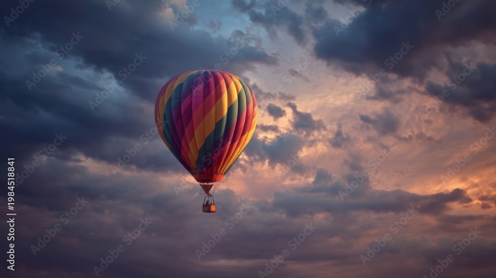 Obraz premium Vibrant hot air balloon floats in twilight sky with thick clouds and colorful sunset glow.