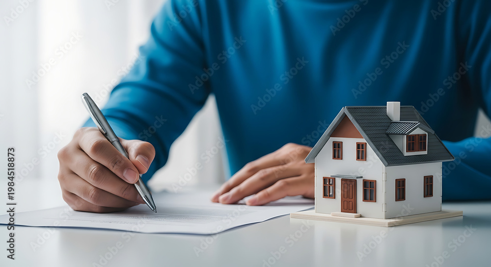 Fototapeta premium Close-up of a person signing a document next to a miniature house, symbolizing real estate transactions