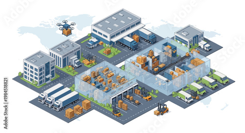 Logistics Hub Isometric View: Delivery Trucks, Drones, Warehouses, and Cargo