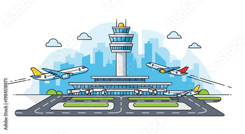 Modern Airport Terminal with Airplanes Flying, Control Tower, City Skyline Background