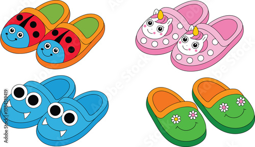Cartoon vector illustration of kids slippers showing playful designs with ladybug unicorn monster and flower motifs