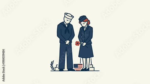 Solemn Remembrance Naval Sailor and Woman Pay Respects