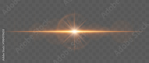 Abstract glowing energy burst with radiant light waves and horizontal beam, lens flare effect with soft diffusion and subtle particles on transparent background