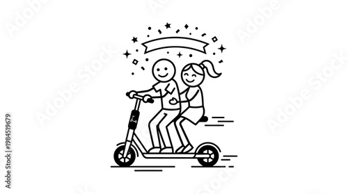 Couple Riding Electric Scooter with Banner and Stars