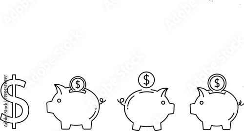 Piggy bank icons set with dollar sign savings money finance outline vector illustration investment collection design