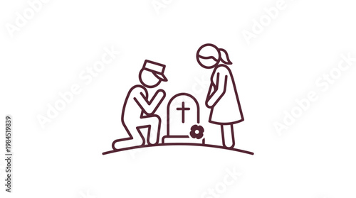 Grieving Couple at a Tombstone in Simple Icon Style