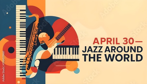 A vibrant illustration promoting a jazz event around the world with musical instruments.