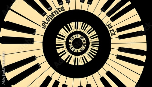 A vibrant illustration of piano keys arranged in a circular pattern with the words celebrate and jazz
