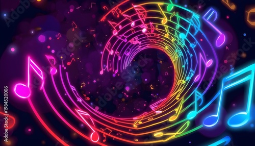 A vibrant and colorful illustration of swirling musical notes in a rainbow of hues against a dark background