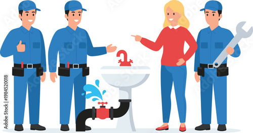 Cartoon vector illustration of plumbers repairing leaking sink pipe showing service maintenance and household problem solution design