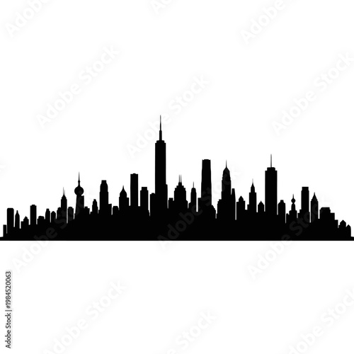 Black Silhouette of a City Skyline Against a White Background.