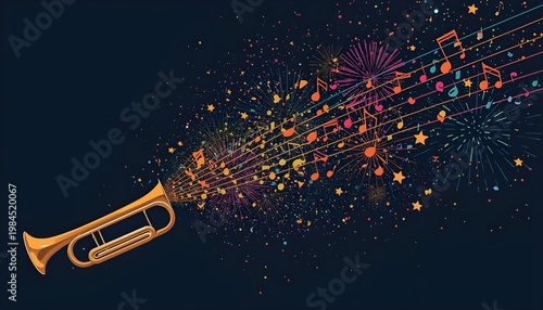 A vibrant illustration of a trumpet surrounded by colorful musical notes and fireworks on a dark background