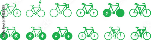 electric bicycle icon.  Green transportation and battery design. e-Bike and smart mobility symbols. Electric cycle and motor icon. Bicycle with battery and lightning symbol
