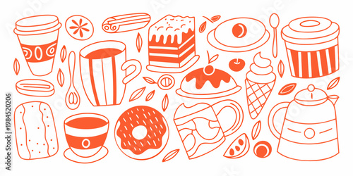 A colorful hand drawn assortment of desserts coffee and sweet treats