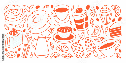 A colorful hand drawn illustration of various desserts and hot beverages