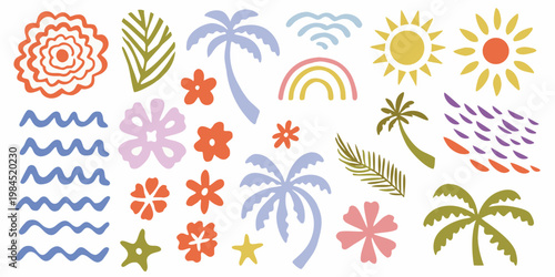 Colorful summer doodles featuring tropical plants flowers and sunshine