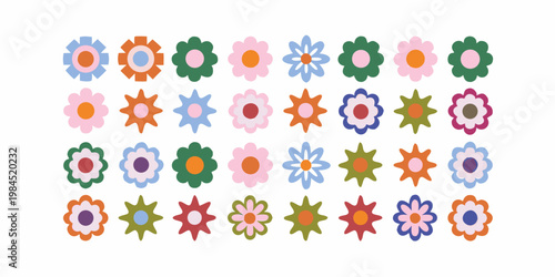 Colorful collection of stylized flowers arranged in a grid pattern