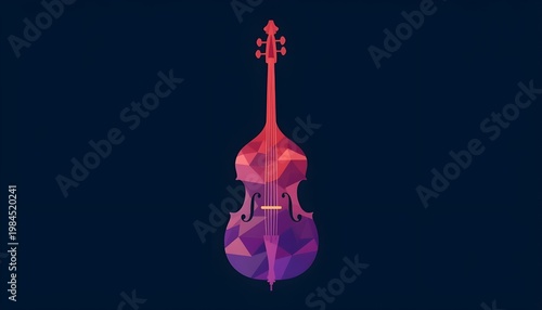 A colorful geometric illustration of a cello on a dark background