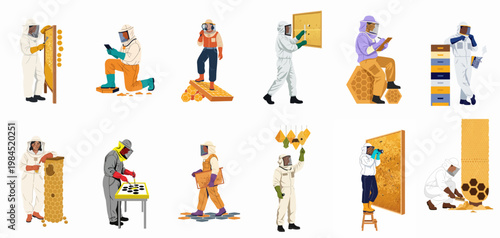 Collection of Diverse Beekeepers in Protective Suits Engaged in Various Apiculture Activities for Honey Production and Hive Management