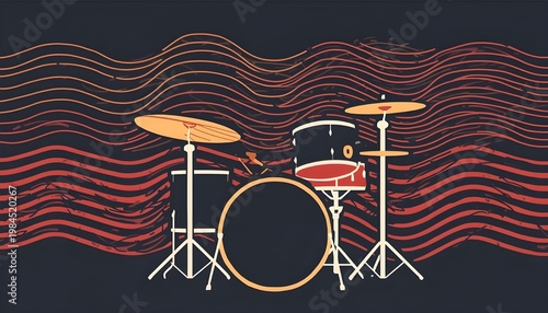 A digital illustration of a drum set with cymbals and a wavy red and black background