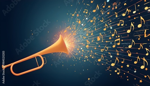 A trumpet emitting a vibrant burst of musical notes and stars against a dark blue background